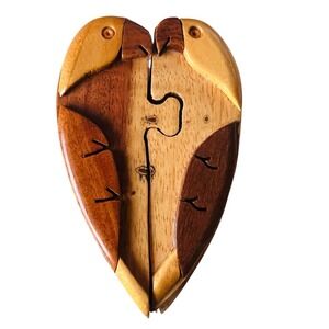 Vintage Wooden Puzzle Trinket Box Love Birds Parrot  Hand Carved Artisan Folkart